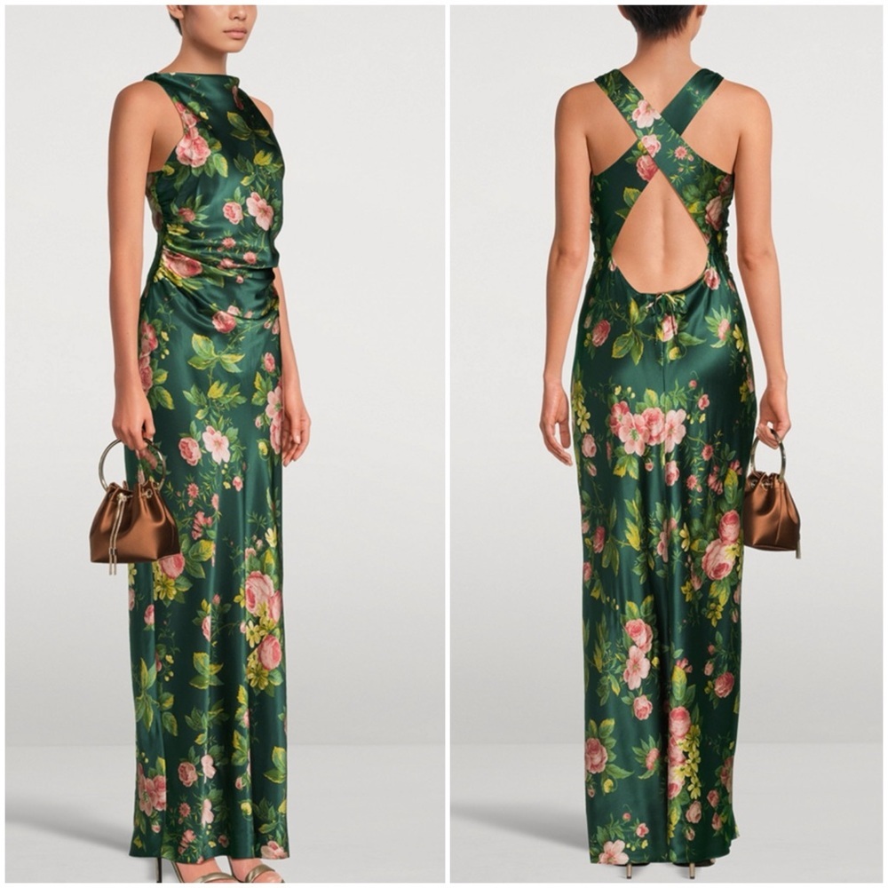 NEW Reformation Anaiis Silk Backless Long Dress Belvedere Green Floral US 2 UK 6 - Picture 1 of 15